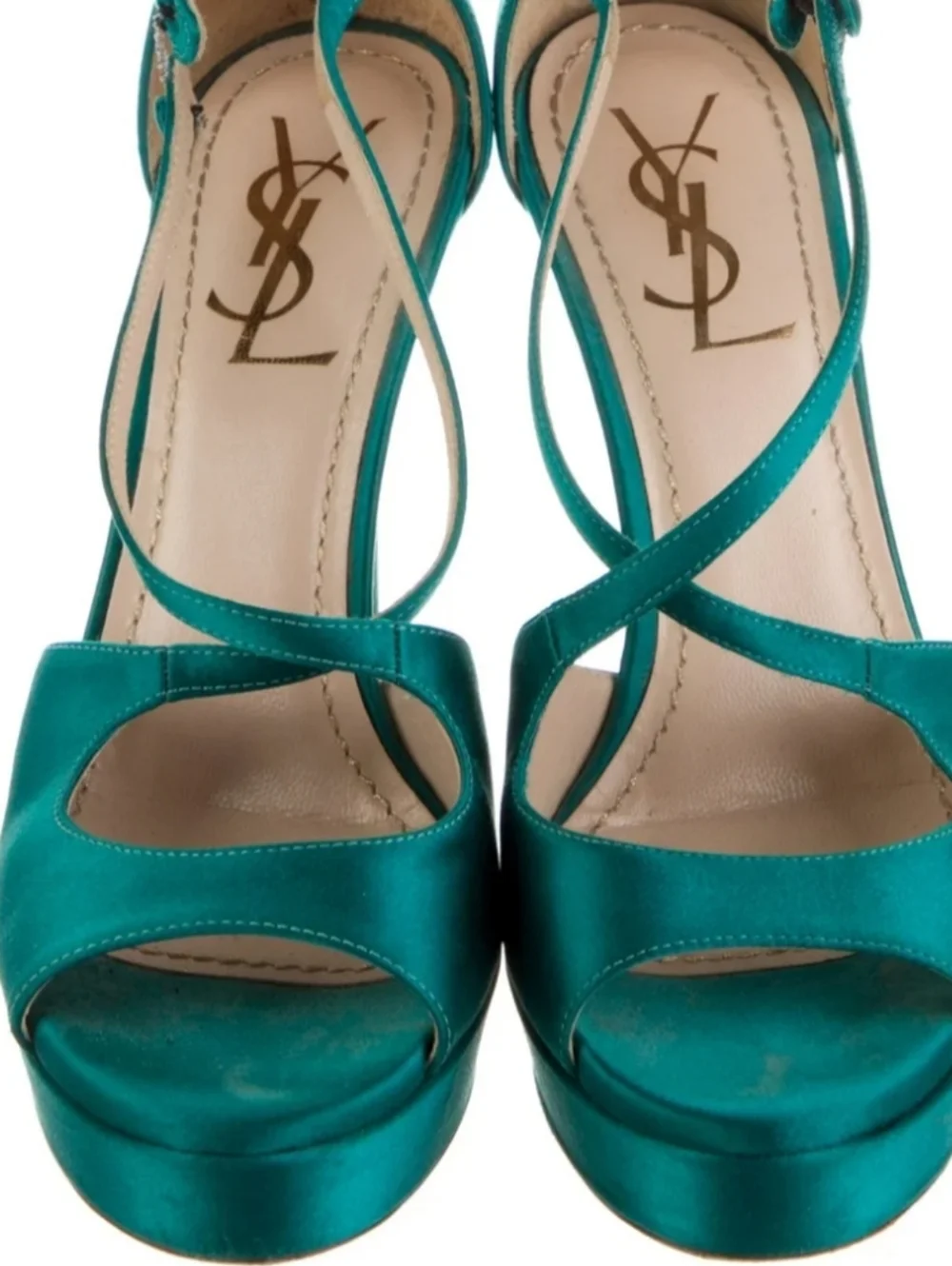 YVES SAINT LAURENT Teal Satin Platform Heels Crisscross Ankle Strap Stiletto - Picture 3 of 8
